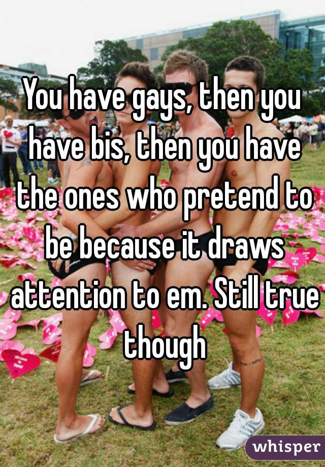 You have gays, then you have bis, then you have the ones who pretend to be because it draws attention to em. Still true though