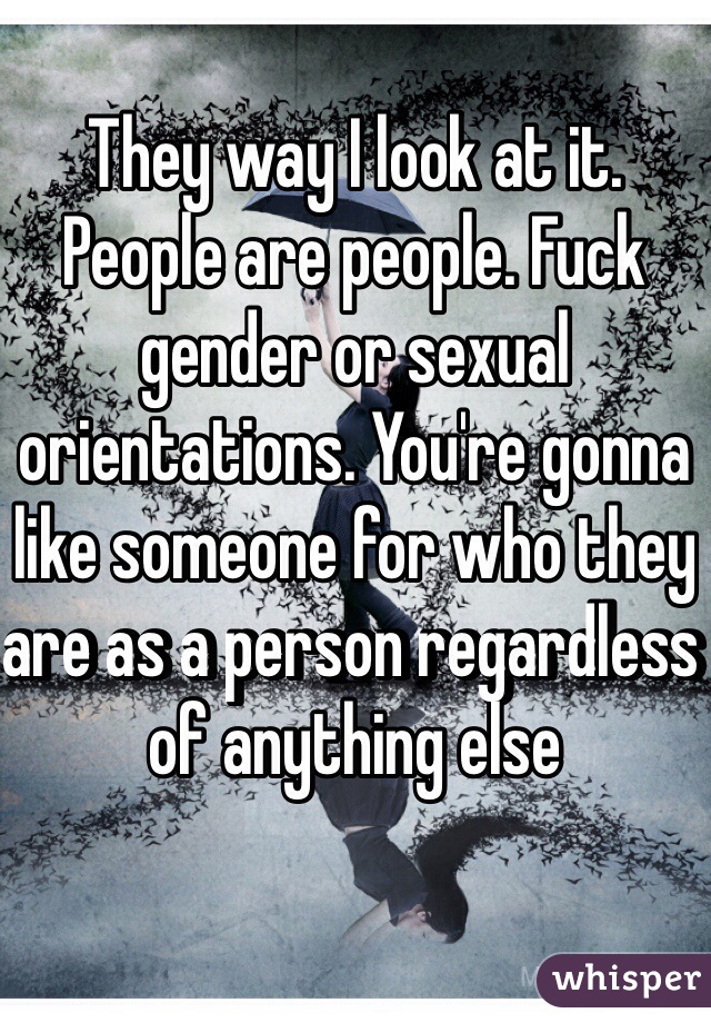 They way I look at it. People are people. Fuck gender or sexual orientations. You're gonna like someone for who they are as a person regardless of anything else 