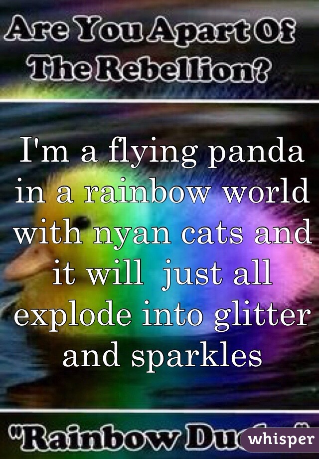I'm a flying panda in a rainbow world with nyan cats and it will  just all explode into glitter and sparkles