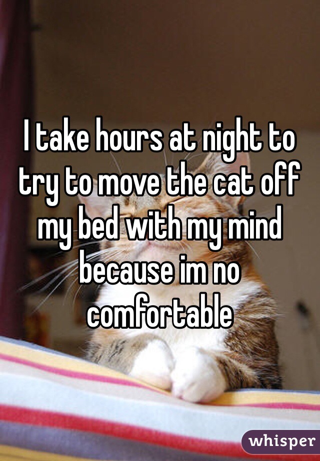 I take hours at night to try to move the cat off my bed with my mind because im no comfortable