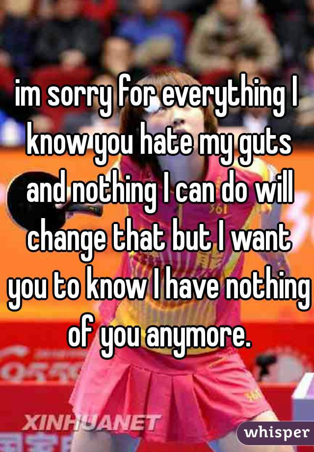 im sorry for everything I know you hate my guts and nothing I can do will change that but I want you to know I have nothing of you anymore.