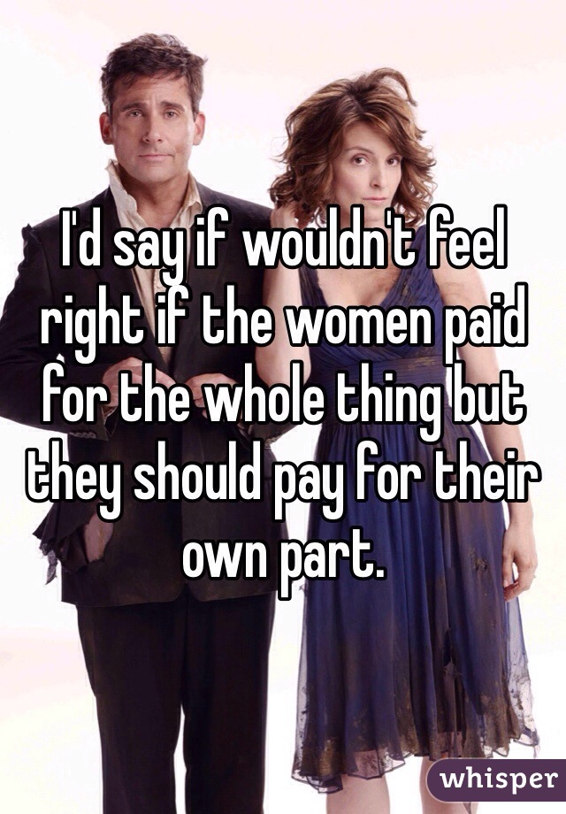 I'd say if wouldn't feel right if the women paid for the whole thing but they should pay for their own part.