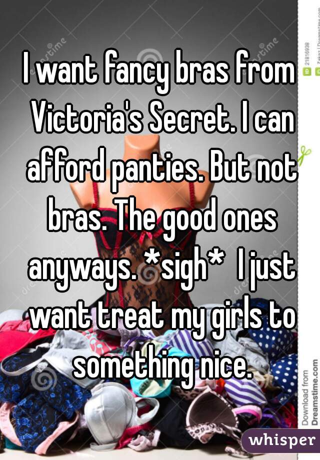 I want fancy bras from Victoria's Secret. I can afford panties. But not bras. The good ones anyways. *sigh*  I just want treat my girls to something nice.