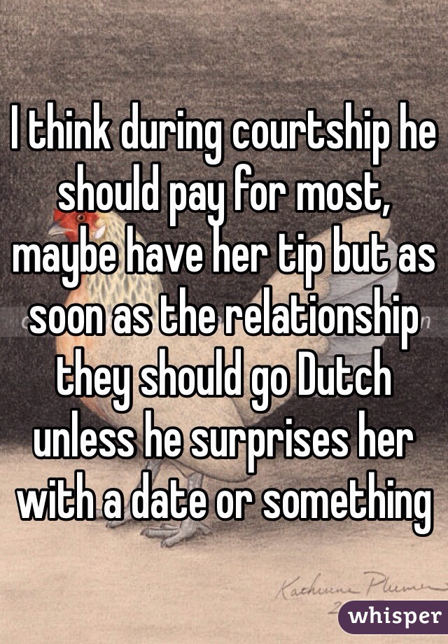 I think during courtship he should pay for most, maybe have her tip but as soon as the relationship they should go Dutch unless he surprises her with a date or something