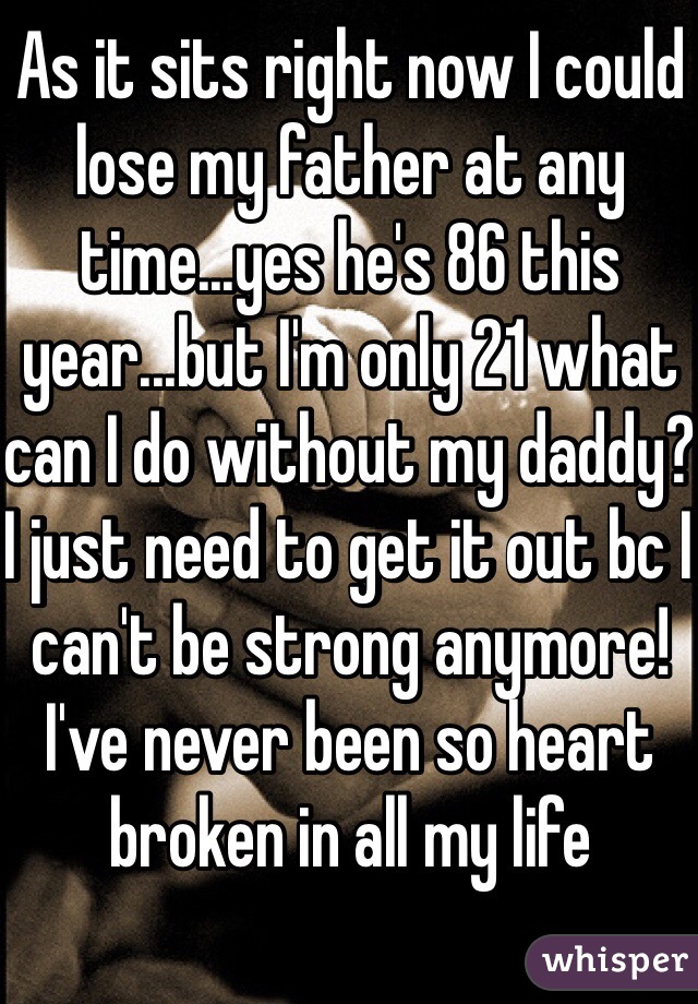 As it sits right now I could lose my father at any time...yes he's 86 this year...but I'm only 21 what can I do without my daddy? I just need to get it out bc I can't be strong anymore! I've never been so heart broken in all my life