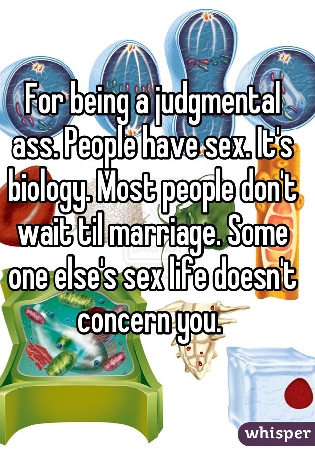 For being a judgmental ass. People have sex. It's biology. Most people don't wait til marriage. Some one else's sex life doesn't concern you. 