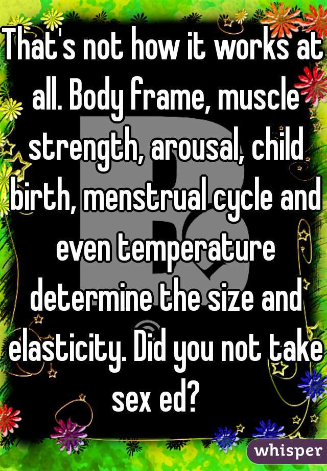 That's not how it works at all. Body frame, muscle strength, arousal, child birth, menstrual cycle and even temperature determine the size and elasticity. Did you not take sex ed?   