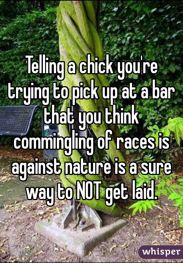 Telling a chick you're trying to pick up at a bar that you think commingling of races is against nature is a sure way to NOT get laid.