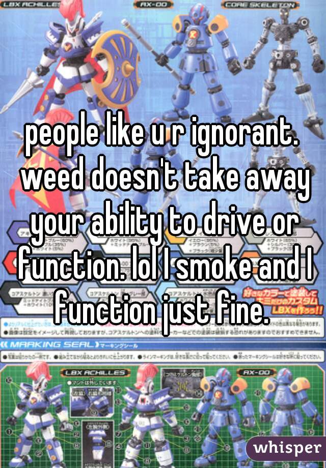 people like u r ignorant. weed doesn't take away your ability to drive or function. lol I smoke and I function just fine. 
