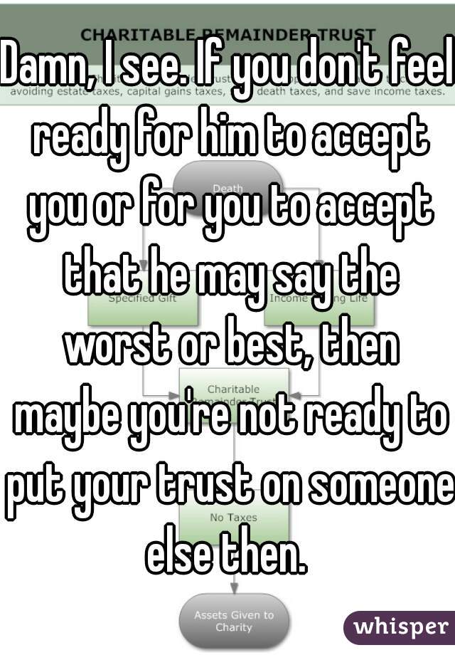 Damn, I see. If you don't feel ready for him to accept you or for you to accept that he may say the worst or best, then maybe you're not ready to put your trust on someone else then. 