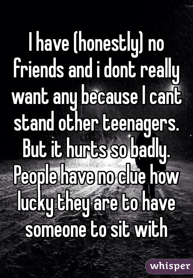 I have (honestly) no friends and i dont really want any because I cant stand other teenagers. But it hurts so badly. People have no clue how lucky they are to have someone to sit with