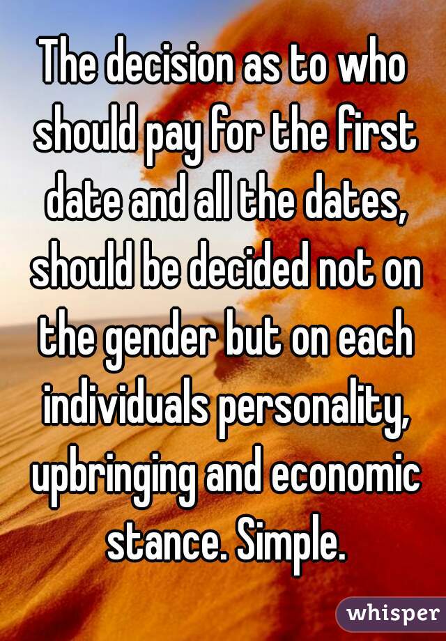 The decision as to who should pay for the first date and all the dates, should be decided not on the gender but on each individuals personality, upbringing and economic stance. Simple.