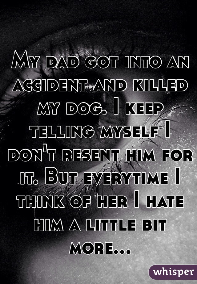My dad got into an accident and killed my dog. I keep telling myself I don't resent him for it. But everytime I think of her I hate him a little bit more... 
