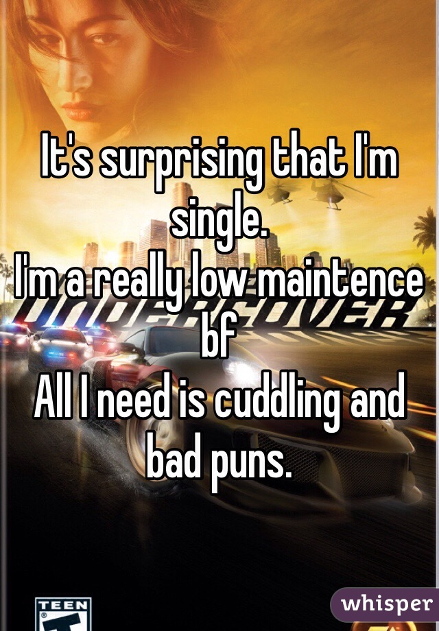 It's surprising that I'm single.
I'm a really low maintence bf
All I need is cuddling and bad puns.