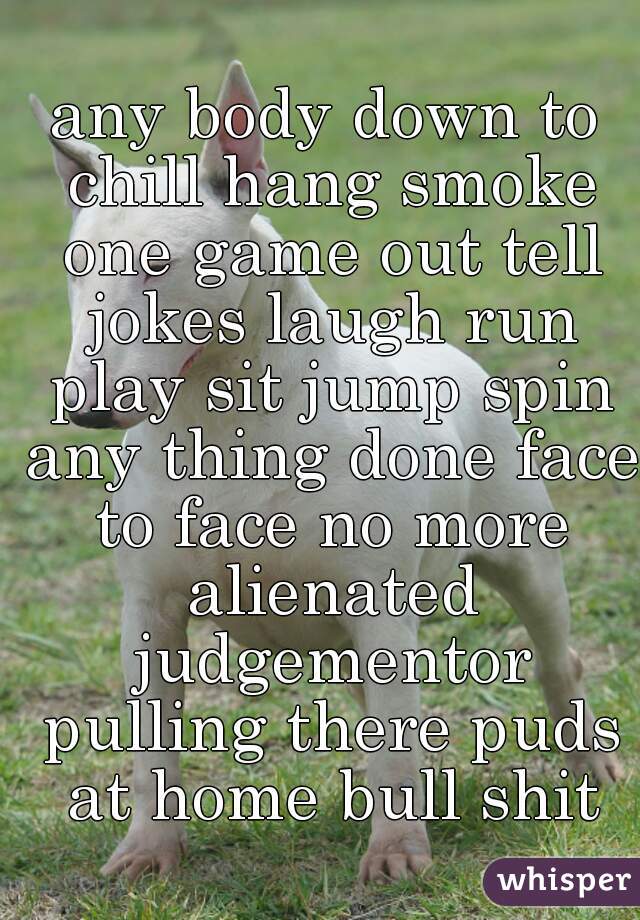 any body down to chill hang smoke one game out tell jokes laugh run play sit jump spin any thing done face to face no more alienated judgementor pulling there puds at home bull shit