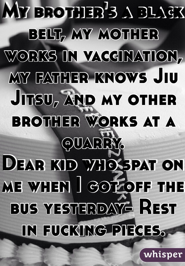 My brother's a black belt, my mother works in vaccination, my father knows Jiu Jitsu, and my other brother works at a quarry. 
Dear kid who spat on me when I got off the bus yesterday- Rest in fucking pieces.