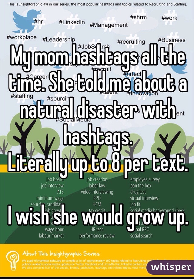 My mom hashtags all the time. She told me about a natural disaster with hashtags. 
Literally up to 8 per text. 

I wish she would grow up. 