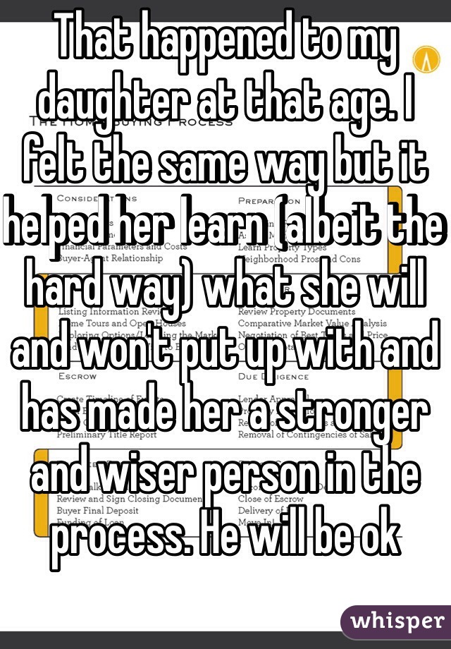 That happened to my daughter at that age. I felt the same way but it helped her learn (albeit the hard way) what she will and won't put up with and has made her a stronger and wiser person in the process. He will be ok