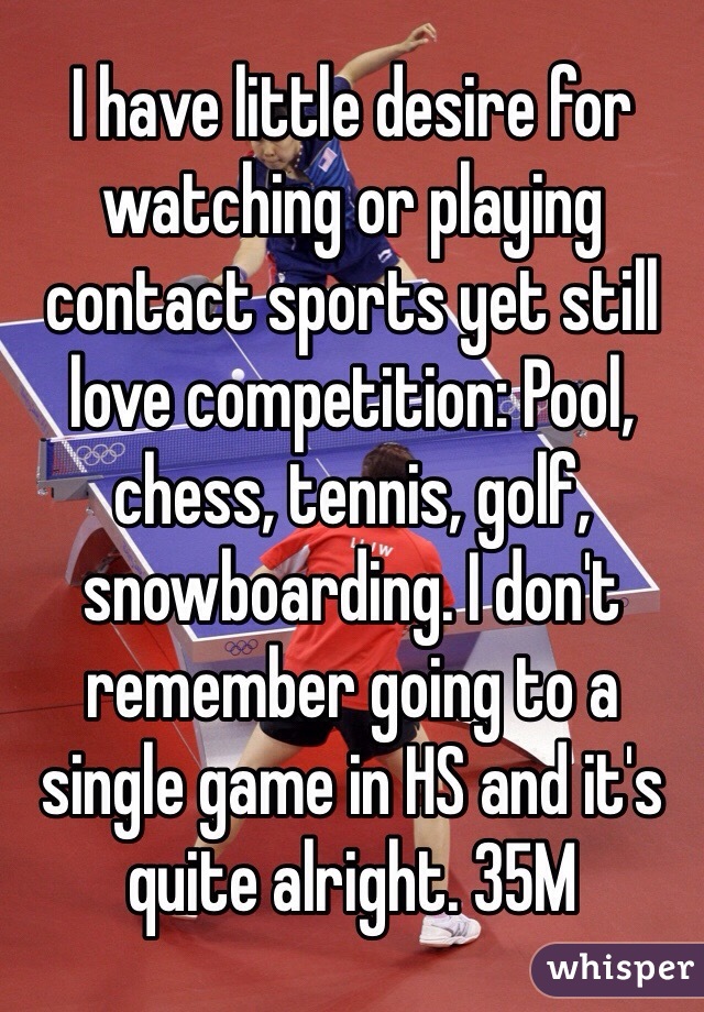 I have little desire for watching or playing contact sports yet still love competition: Pool, chess, tennis, golf, snowboarding. I don't remember going to a single game in HS and it's quite alright. 35M
