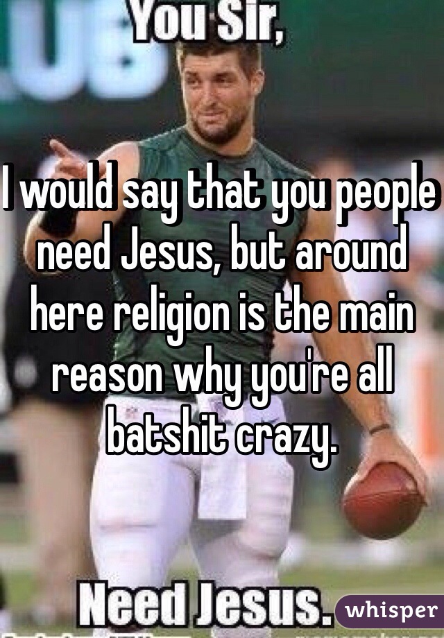 I would say that you people need Jesus, but around here religion is the main reason why you're all batshit crazy.
