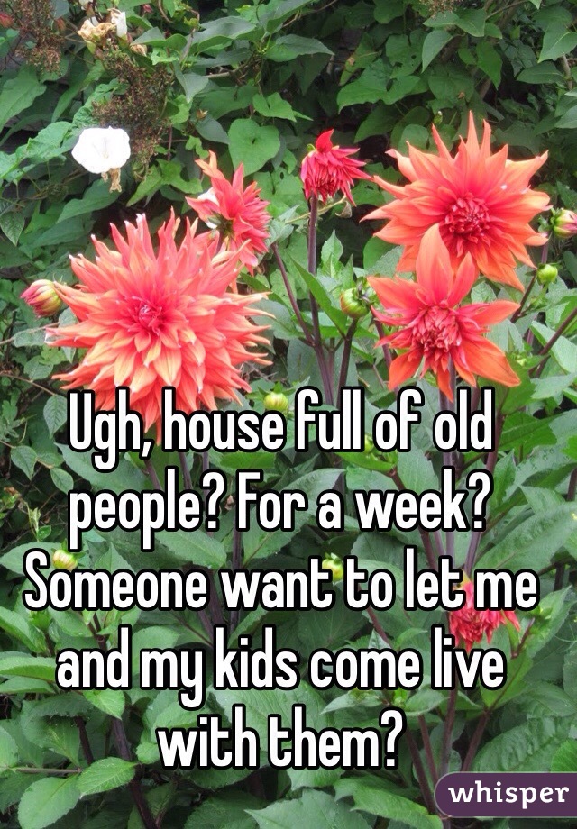 Ugh, house full of old people? For a week? Someone want to let me and my kids come live with them?