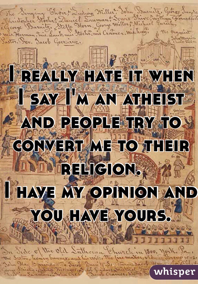 I really hate it when I say I'm an atheist and people try to convert me to their religion. 
I have my opinion and you have yours. 