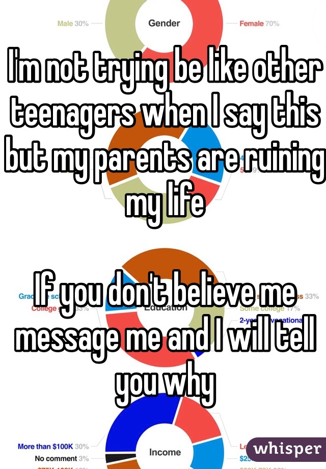 I'm not trying be like other teenagers when I say this but my parents are ruining my life 

If you don't believe me message me and I will tell you why