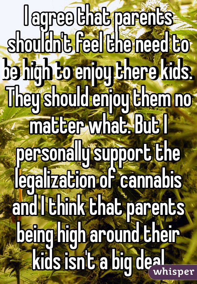I agree that parents shouldn't feel the need to be high to enjoy there kids. They should enjoy them no matter what. But I personally support the legalization of cannabis and I think that parents being high around their kids isn't a big deal