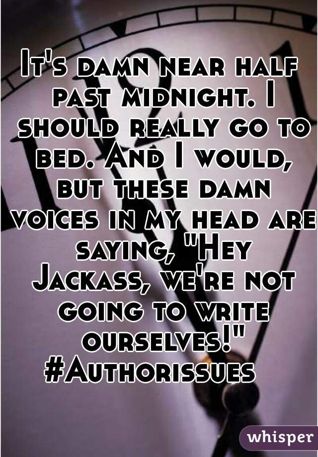 It's damn near half past midnight. I should really go to bed. And I would, but these damn voices in my head are saying, "Hey Jackass, we're not going to write ourselves!"

#Authorissues  