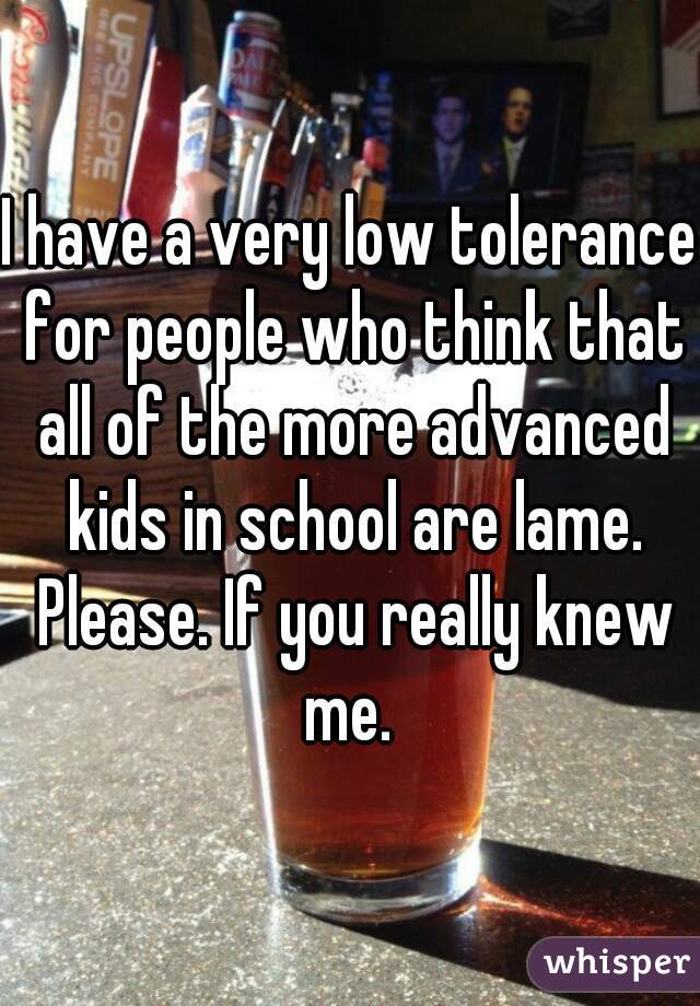 I have a very low tolerance for people who think that all of the more advanced kids in school are lame. Please. If you really knew me. 