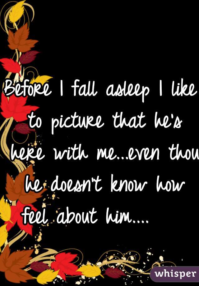 Before I fall asleep I like to picture that he's here with me...even thou he doesn't know how feel about him....    