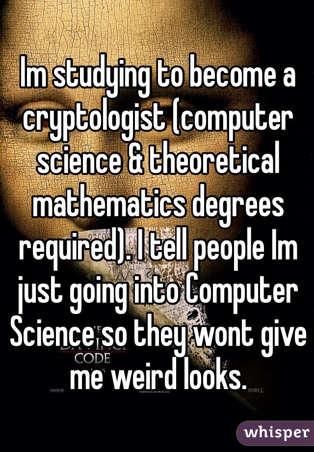 Im studying to become a cryptologist (computer science & theoretical mathematics degrees required). I tell people Im just going into Computer Science so they wont give me weird looks.