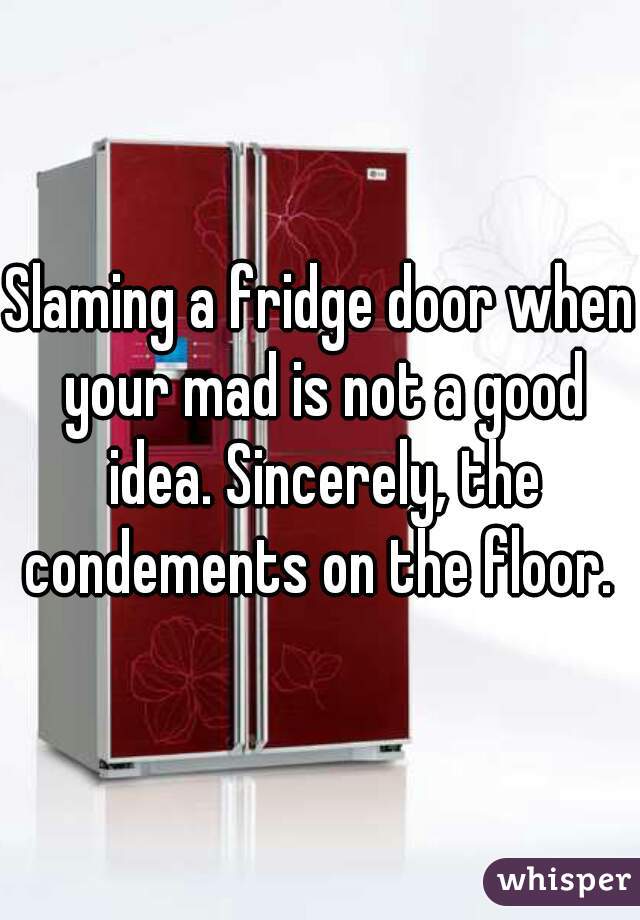Slaming a fridge door when your mad is not a good idea. Sincerely, the condements on the floor. 