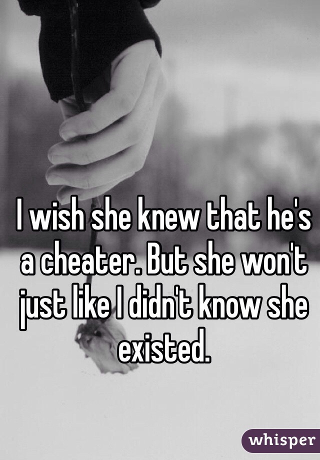 I wish she knew that he's a cheater. But she won't just like I didn't know she existed. 