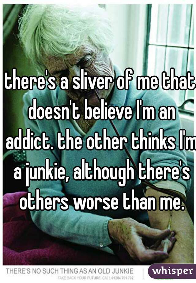 there's a sliver of me that doesn't believe I'm an addict. the other thinks I'm a junkie, although there's others worse than me.