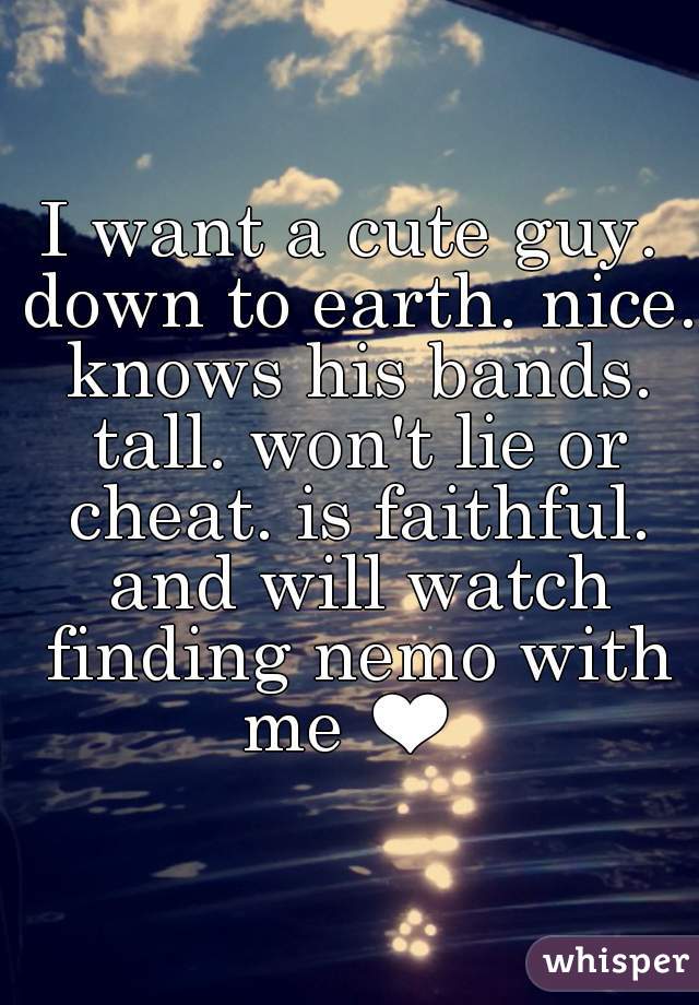 I want a cute guy. down to earth. nice. knows his bands. tall. won't lie or cheat. is faithful. and will watch finding nemo with me ❤ 