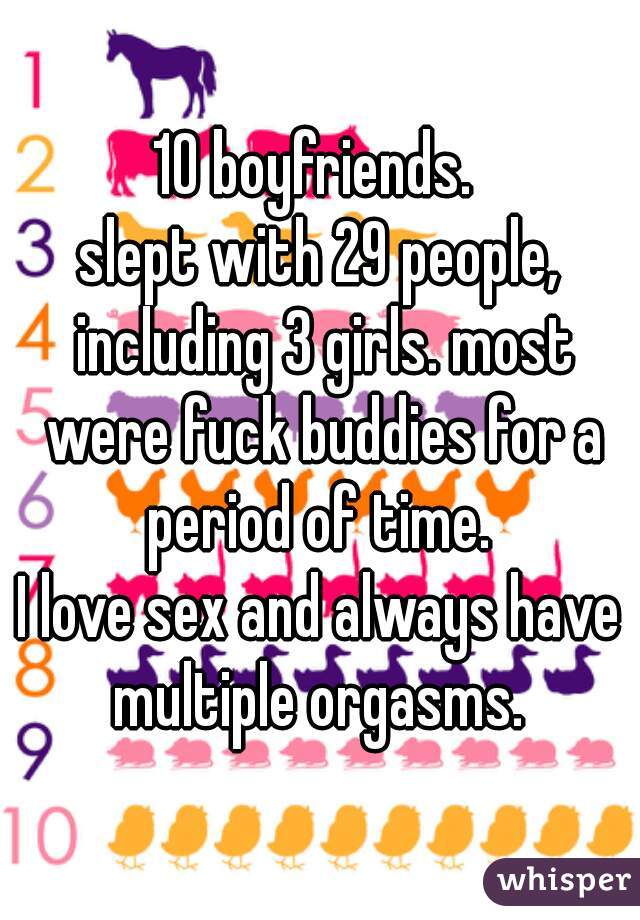 10 boyfriends. 
slept with 29 people, including 3 girls. most were fuck buddies for a period of time. 
I love sex and always have multiple orgasms. 