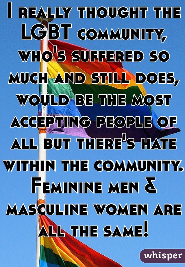 I really thought the LGBT community, who's suffered so much and still does, would be the most accepting people of all but there's hate within the community. Feminine men & masculine women are all the same! 
