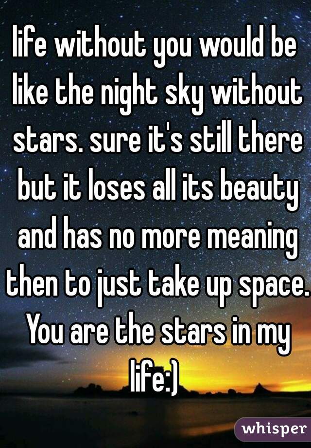 life without you would be like the night sky without stars. sure it's still there but it loses all its beauty and has no more meaning then to just take up space. You are the stars in my life:) 