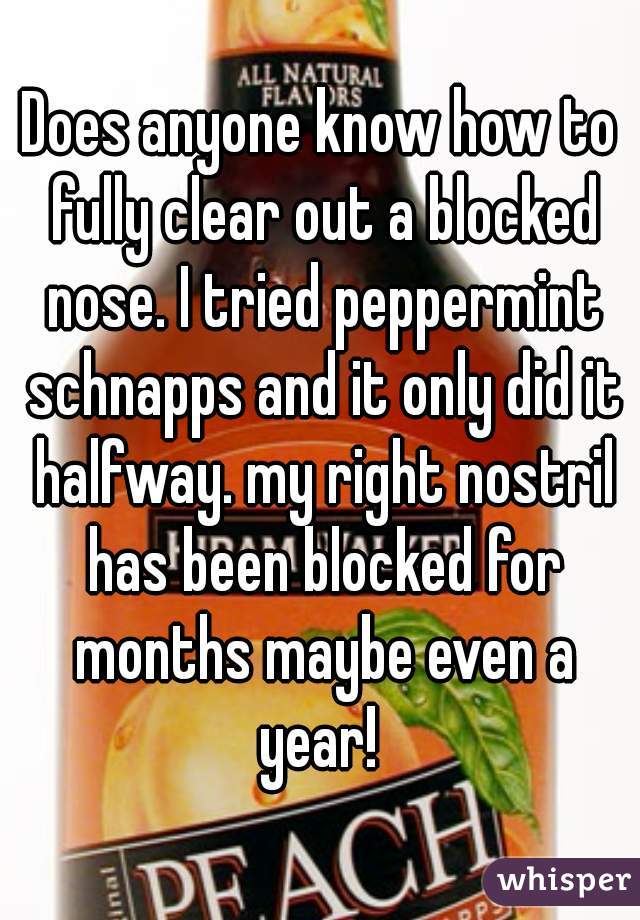 Does anyone know how to fully clear out a blocked nose. I tried peppermint schnapps and it only did it halfway. my right nostril has been blocked for months maybe even a year! 