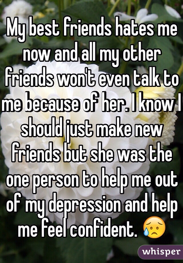 My best friends hates me now and all my other friends won't even talk to me because of her. I know I should just make new friends but she was the one person to help me out of my depression and help me feel confident. 😥