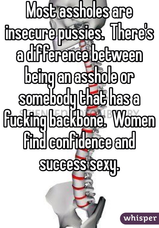 Most assholes are insecure pussies.  There's a difference between being an asshole or somebody that has a fucking backbone.  Women find confidence and success sexy.  