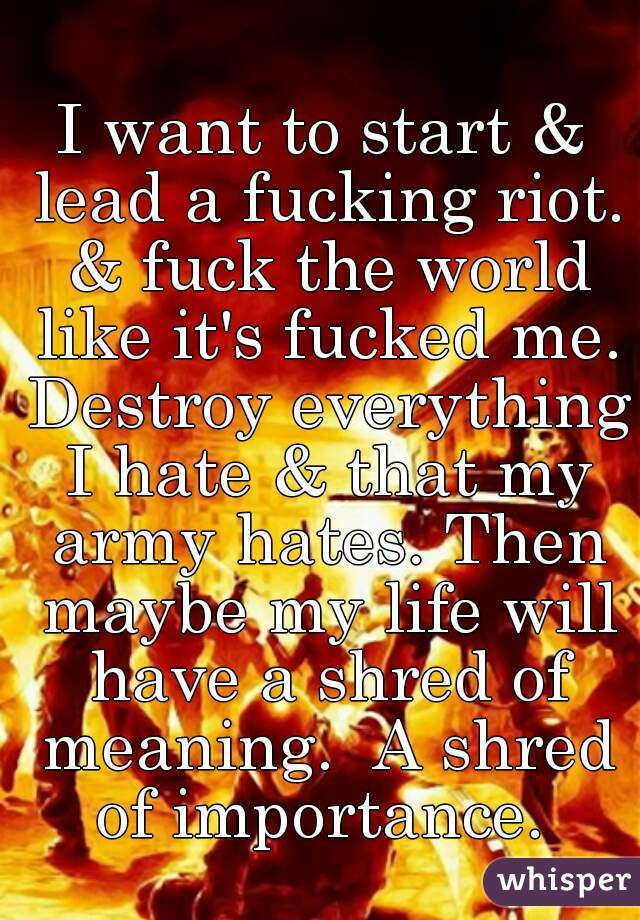 I want to start & lead a fucking riot. & fuck the world like it's fucked me. Destroy everything I hate & that my army hates. Then maybe my life will have a shred of meaning.  A shred of importance. 