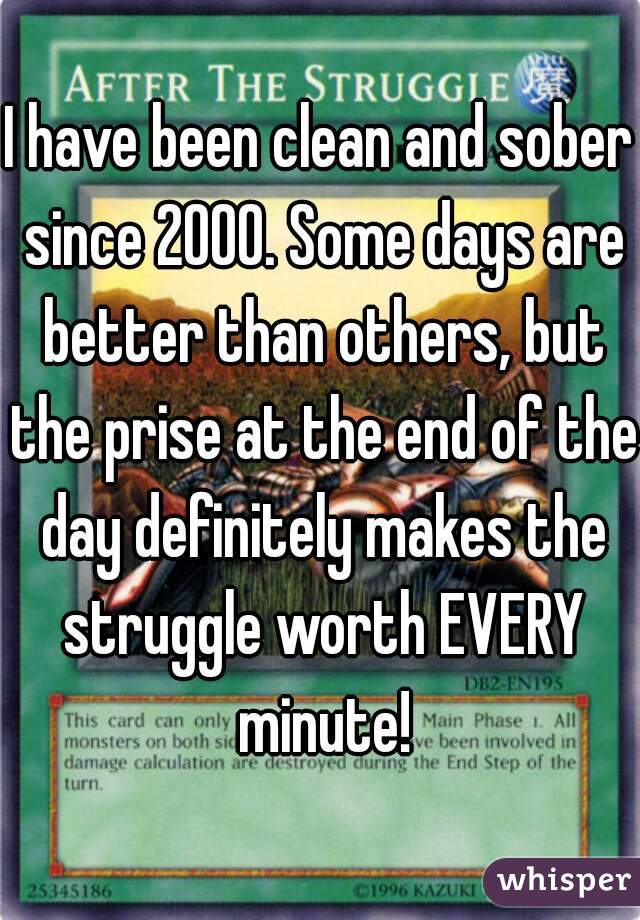 I have been clean and sober since 2000. Some days are better than others, but the prise at the end of the day definitely makes the struggle worth EVERY minute!