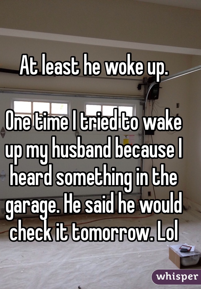 At least he woke up.

One time I tried to wake up my husband because I heard something in the garage. He said he would check it tomorrow. Lol 