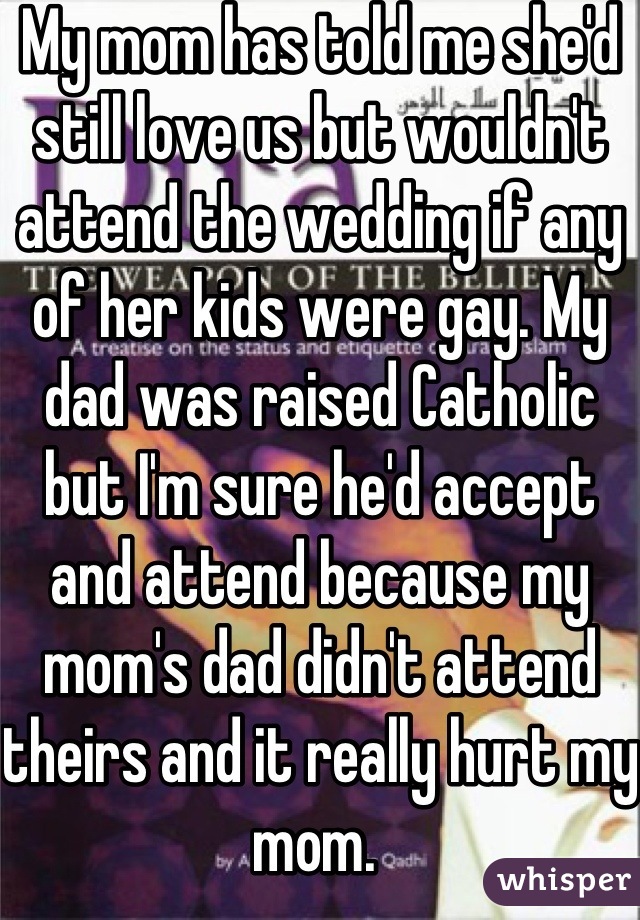 My mom has told me she'd still love us but wouldn't attend the wedding if any of her kids were gay. My dad was raised Catholic but I'm sure he'd accept and attend because my mom's dad didn't attend theirs and it really hurt my mom. 