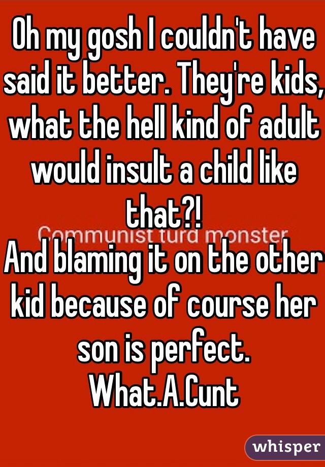 Oh my gosh I couldn't have said it better. They're kids, what the hell kind of adult would insult a child like that?! 
And blaming it on the other kid because of course her son is perfect. 
What.A.Cunt