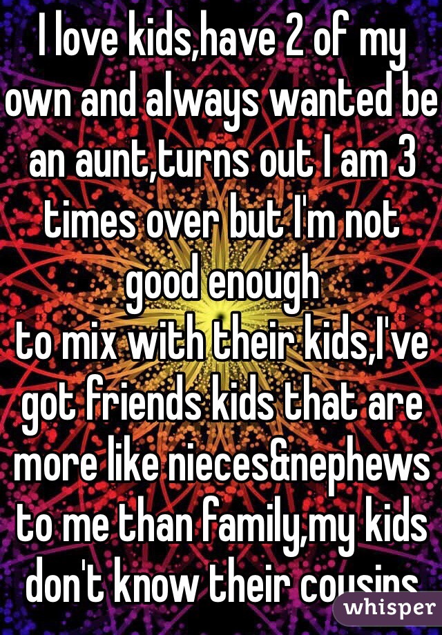 I love kids,have 2 of my own and always wanted be an aunt,turns out I am 3 times over but I'm not good enough
to mix with their kids,I've got friends kids that are more like nieces&nephews to me than family,my kids don't know their cousins 
