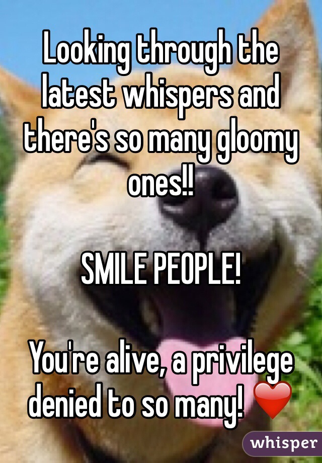 Looking through the latest whispers and there's so many gloomy ones!! 

SMILE PEOPLE! 

You're alive, a privilege denied to so many! ❤️ 