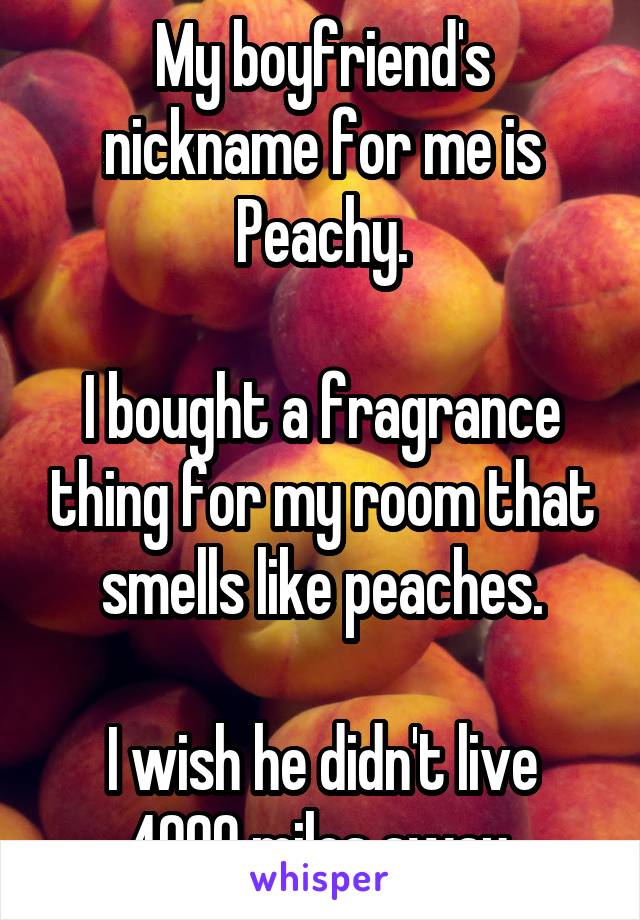 My boyfriend's nickname for me is Peachy.

I bought a fragrance thing for my room that smells like peaches.

I wish he didn't live 4000 miles away.